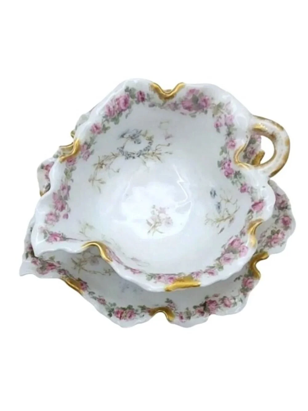 Antique Haviland Porcelain Floral Gravy Boat with Underplate Set Limoges France